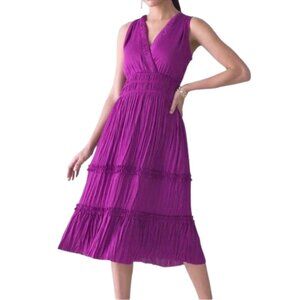 Women's XL NWT WHBM Fuchsia Satin Fit & Flare A-Line Ruffle Tiered Midi Dress